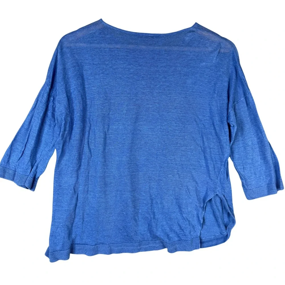 Theory Beylor C Sag Harbor Linen Blend Knit Top Blue 3/4 Sleeve Small F0313714